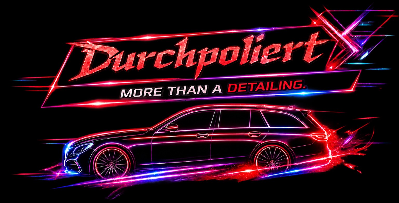 Durchpoliert – More than a Detailing. Das Originalbanner mit rotem Schriftzug und leuchtend blau-rotem Fahrzeug.